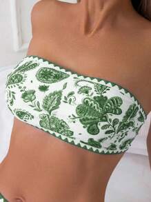 SHEIN Swim Costume da bagno bikini da donna con stampa floreale estiva, sexy, con gonna copricostume - Verde Scuro - Visualizzare 4