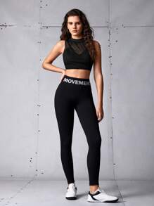 SHEIN Sports Women's Letter Print High Waist Casual Sports Leggings, Back To School Outfits, Graduation, Back To School, Solid Elastic High Waist Leggings, Gym, Workout,  Leggings For Daily Wear , Active, Workout, Gym, Padel, Tennis, Pickleball - Black - View 4