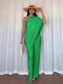 Elenzga Bộ đồ thời trang áo crop top và quần lửng viền bất đối xứng màu trơn cho nữ - màu xanh lá - Xem 5