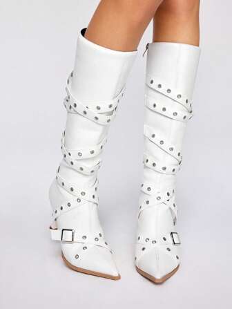 Grunge Punk Women Gothic Style Buckle Strap Pointed Toe Mid-Calf High Heel Boots
