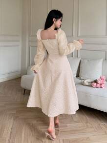 Feyla 女式纯色方领荷叶边下摆长袖连衣裙长款晚礼服 - 卡其色 - 查看 2