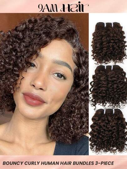 Jerry Curly Hair Weave 3-Piece Hair Weave Brazil Remy Human Hair Extensions Dark Brown Color Short Curly