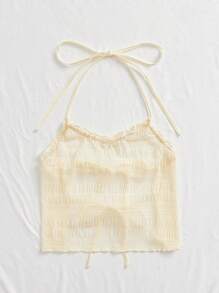 纹理网眼、荷叶边、系带、时尚简约、休闲女士打底衫 - 杏色 - 查看 6