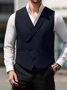 Manfinity Mode 男士双排扣马甲（不含衬衫） - 藏蓝色 - 查看 7