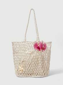 ROMWE Fairycore 1 套米色编织沙滩手提包及配件，时尚个性化海滩度假风格女士手提包（包含 1 个包和 1 套配件） - 米色 - 查看 1