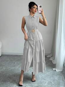 Elenzga Women Casual Solid Color Front Button Long Dress - Grey - View 4