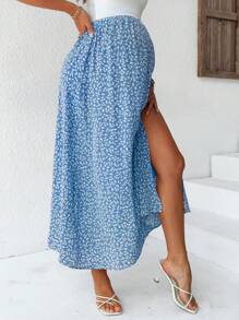 SHEIN 孕妇装碎花印花侧开衩可调节腰带度假裙