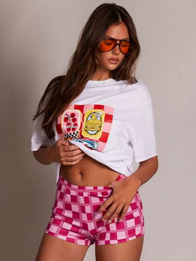 Athîral Women's Colour Pop Check Print Hot Pants Micro Shorts, Four Seasons, Graphic Tees,Back To School, Cute Women Tops