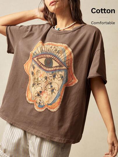 Bohemela Solid Color Knit Round Neck Short Sleeve Loose Wash Women T-Shirt Vintage Graphic Tees Women Western Graphic Tees Women Brown Graphic Tee Boho Graphic Tee