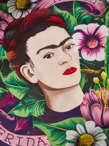 Frida Kahlo X SHEIN 1 pieza Bolsa de la compra plegable de poliéster con impresión de personaje de artista, bolso de mano, equipada con una pequeña bolsa de almacenamiento con una cadena de cuentas, se puede colgar en un bolso, Florecer, Flor, Artístico, Elegante