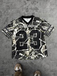 Teen Girl Street Basketball Jersey, Oversized Mesh Camo V-Neck Tee Shirt With 23 Number Print, Hip Hop Style