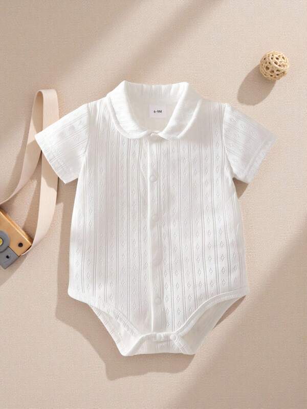 Souflis Souflis Infant Baby Boys' White Short Sleeve Romper, Casual Knit Jacquard Fabric With Special Cutout Design, Classic Round Collar, Full Button Front Closure, All-In-One Easy Wear, Suitable For Spring/Summer Indoor Wear, Christening Or Formal Family Gatherings (1M-24M), All Season