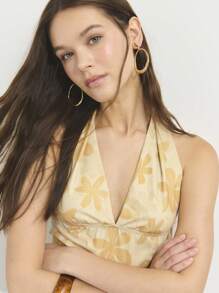 Nöista Beige Floral Halter Top,Pointed Hem Ruched Bust Summer Boho Vacation Holiday Lightweight Stretchy Fabric,Flattering Fit Festival 4th Of July Looks - Yellow - View 6