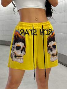 StreetHx Women's Skull Print Drawstring Shorts - Yellow - View 6