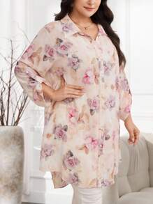 Veilorie Koszula damska jednorzędowa, swobodna, w stylu arabskim, z nadrukiem kwiatowym, w dużym rozmiarze, na lato