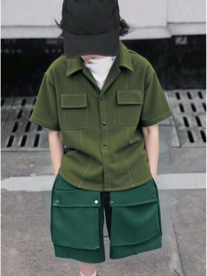 SHEIN 男童军绿色工装口袋休闲衬衫，舒适、时尚、百搭、面料柔软，适合日常、上学、郊游、户外活动、春夏季