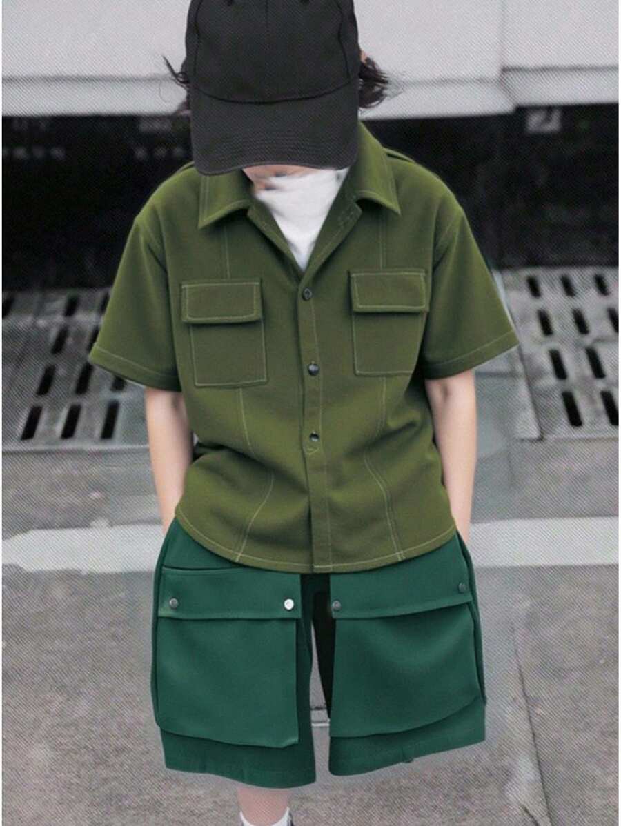 SHEIN 男童军绿色工装口袋休闲衬衫,舒适、时尚、百搭、面料柔软,适合日常、上学、郊游、户外活动、春夏季 - 軍綠色 - 查看 1