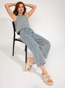 Solezae 仿麂皮雙扣帶鎖定灰褐色平底涼鞋 - 灰色 - 查看 7