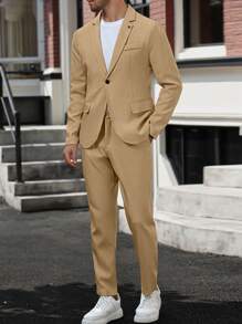 Manfinity Mode Conjunto de chaqueta y pantalones de unicolor para hombre - Caqui - Ver 6