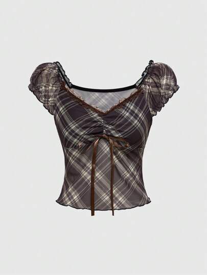 J-Fashion Women's Plaid Sweetheart Neckline Raglan Sleeve Short T-Shirt, Summer Fashion