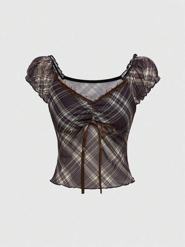 ROMWE J-Fashion Camiseta corta de mujer con cuello en pico y mangas raglán a cuadros, moda de verano