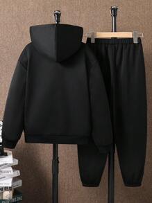 SHEIN 2 件套青少年男孩休闲百搭巴黎字母图案连帽运动衫和长裤套装，适合通勤、校服、日常休闲和运动 - 黑色 - 查看 2