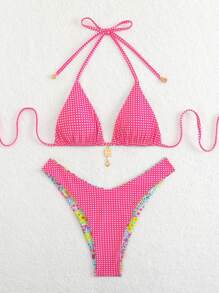 Swim Mod 女士度假沙滩泳装套装，双面甜美碎花格纹吊带可调节系带性感比基尼 - 彩色 - 查看 3