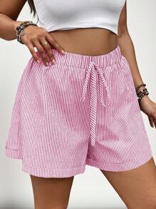 SHEIN VCAY Plus Size Women Loose Casual Elastic Waist Striped Shorts