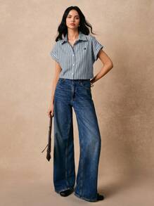 Poéselle 条纹心形刺绣纽扣前部春季衬衫纽扣衬衫刺绣上衣休闲条纹棉麻衬衫舒适透气适合夏季休闲度假日常穿着