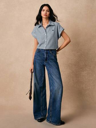 Poéselle Striped Heart Embroidery Button Front Spring Shirts Button Down Shirt Embroidered Top Casual Striped Cotton Linen Shirt Is Comfortable And Breathable For Summer Leisure Holiday Daily Wear