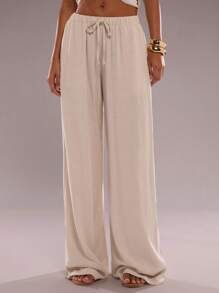SHEIN BAE 1 件杏色纯亚麻简约弹力抽绳简约口袋宽松阔腿低腰裤，亚麻裤，阔腿裤，休闲裤，老钱风格女性，斯德哥尔摩风格，商务休闲女性，外出，机场女性