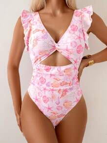 Swim Mod 2025 女式贝壳印花扭纹前开式荷叶边下摆连体泳衣，夏季