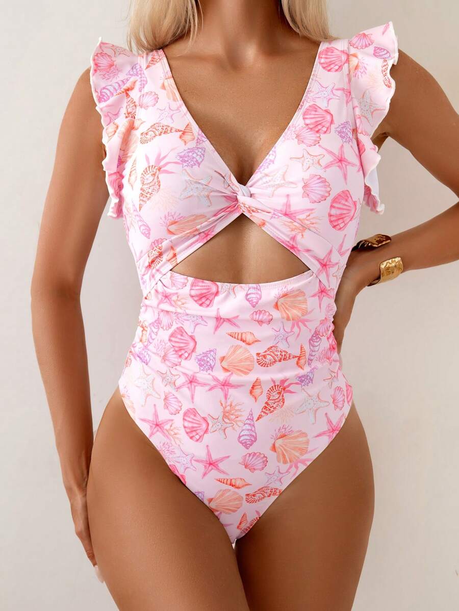 Swim Mod 2025 女式贝壳印花扭纹前开式荷叶边下摆连体泳衣，夏季