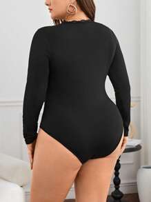 SHEIN Privé Plus Size Splice Lace Edge T-Shirt Bodysuit, For Winter - Black - View 7