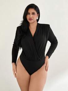 SHEIN Privé Mono de una pieza cómodo, casual y elegante con hombros acolchados y drapeado, adecuado para ir al trabajo y salir, otoño e invierno, talla grande - Negro - Ver 3