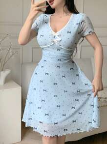 Feyla 女式夏季圆点蝴蝶结印花V领短袖迷你连衣裙 - 藍色 - 查看 2