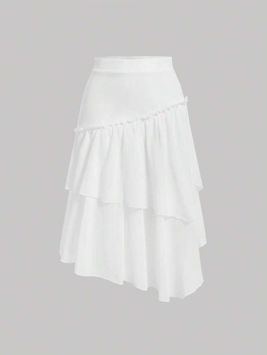 SHEIN Girlism Falda blanca casual asimétrica de varios volantes para niña preadolescente, elegante estilo francés, de vuelta al colegio - Blanco - Ver 1