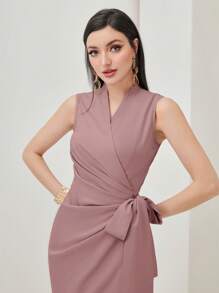 Modelyn 纯色裹身结侧裙长款晚礼服 - 淡紫色 - 查看 4