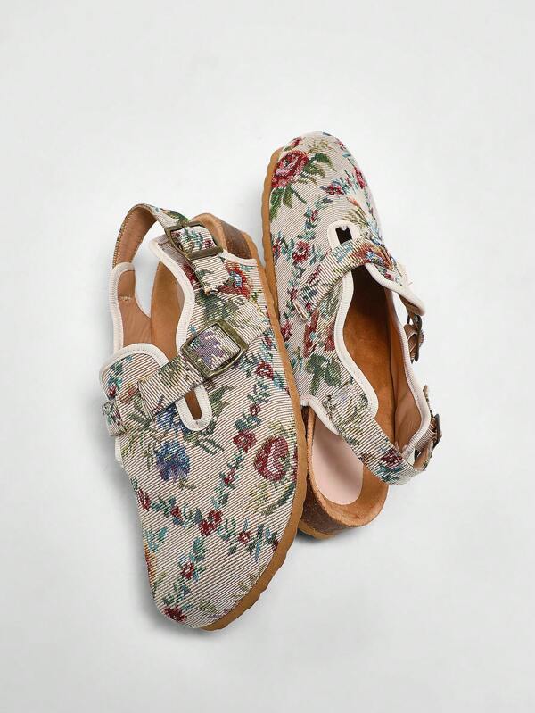 Solezae Women's Fashionable Floral Fabric Round Toe Cork Footbed Slide Clogs With Adjustable Buckle Strap