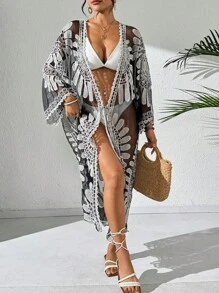 Swim Vcay Women's Floral Print Sheer Kimono Cover Up, Loose Fit, Vacation Style For Summer - Black and White - View 4