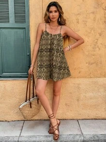 SHEIN VCAY Ladies' Woven Printed Sleeveless Off-Shoulder Jumpsuit, Suitable For Spring/Summer Vacation - Khaki - View 7