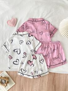 4pcs/Set Young Girl Heart Print Turndown Collar Faux Silk Casual Home Set With Shorts Satain Heart Print Pajamas Sets Girls Clothes Set Teen Girl Shirts Summer Sets Blind Box Pride
