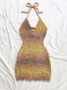 Soleia 春夏度假性感镂空木珠装饰露背细肩带渐变连衣裙，适合派对、约会、海滩、邮轮、度假、波西米亚风 - 彩色 - 查看 2