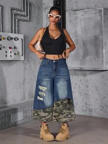 SHEIN ICON 女士迷彩拼布破洞阔腿牛仔裤 - 彩色 - 查看 5