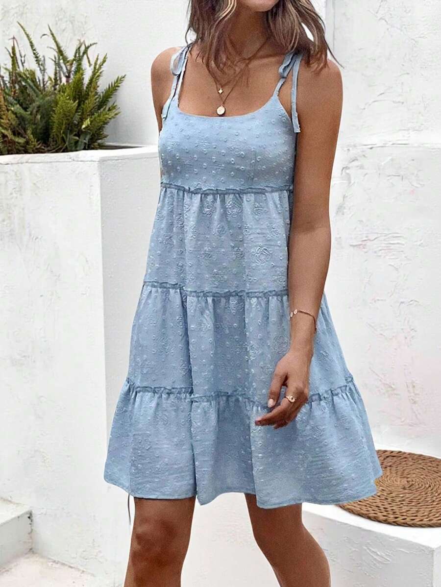 SHEIN LUNE 休闲女式镂空系带荷叶边蛋糕裙 女士夏季服装 毕业礼服 女士度假服装 女士沙滩服装 女士毕业礼服 女士商务休闲装 女士生日礼服 女士波西米亚风休闲装 女士度假礼服 波西米亚风女装 夏威夷服装 - 藍色 - 查看 1