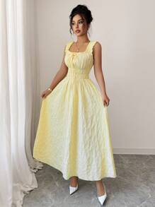 Elenzga New Woven Texture Floral Fabric Dress For Women, Spaghetti Strap Bowknot Design Waist Gathering A-Line Fashionable Versatile Elegant Refined