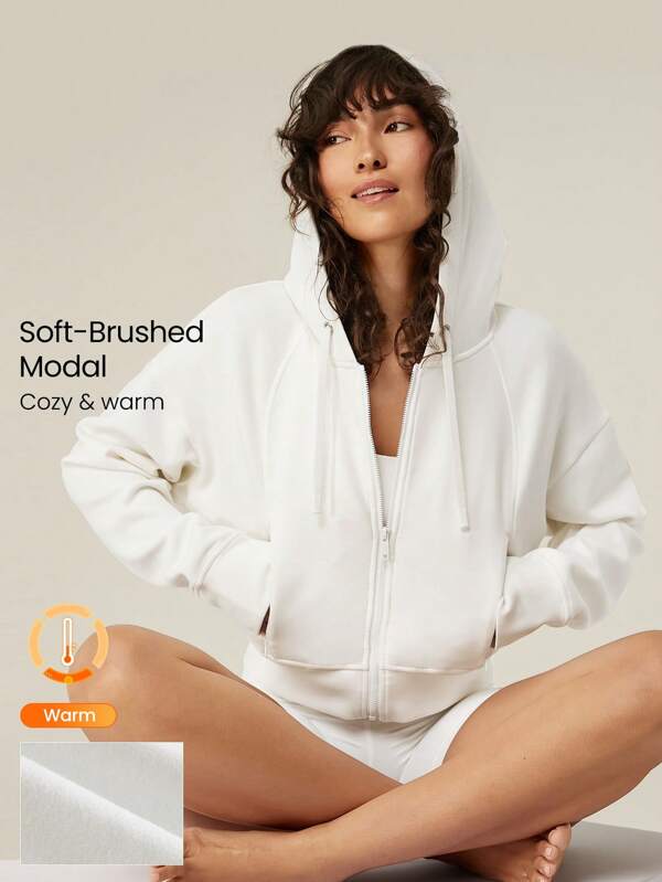 GLOWMODE Modal Fleece Power Zip Side Pockets Hoodie Long Sleeve Sweater With Thumbholes Daily Casual Fall Winter