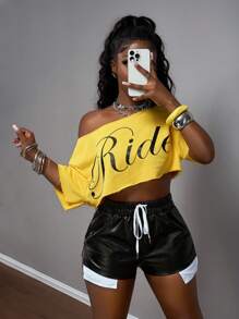 Slaydiva 2025 Spring/Summer New Bohemian Music Festival Easter Casual Everyday Personalized Street Fashion Party Sexy Sweet Cute Y2k Yellow Textured Sweatshirt Fabric Black English Letter Asymmetrical Asymmetrical Neck Short Sleeve Loose Cropped T-Shirt Top Paired With Low Waist Drawstring Waist White Pocket Decor Side Slit Bodycon Hotpants Super Short Shorts Women 2pcs Set - Multicolor - View 6
