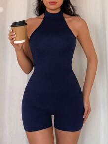 Rafferiza Solid Color Open Back Halter Neck Bodysuit Shorts - Navy Blue - View 5