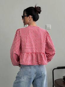 SHEIN EZwear 大码休闲格子前系带长袖褶皱衬衫 - 紅白色 - 查看 2